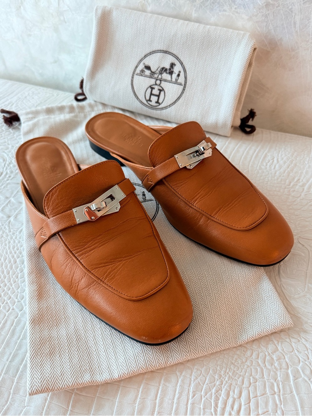 Hermes Oz Mule slides Natural brown  Leather  Loafers Size 40 - Picture 6 of 16